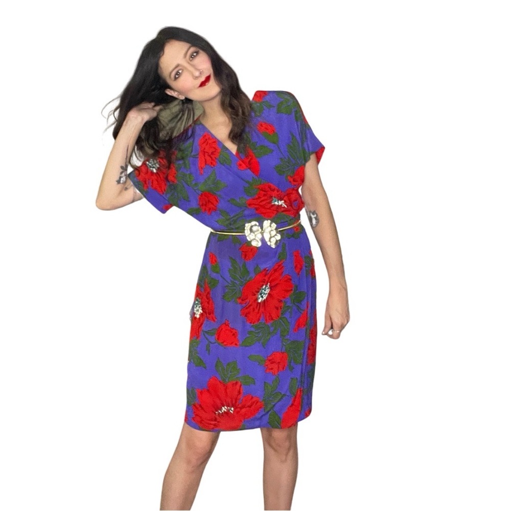 Vintage 80s Liz Claiborne Silk Dress | Purple Red Floral Midi | Retro Vibrant